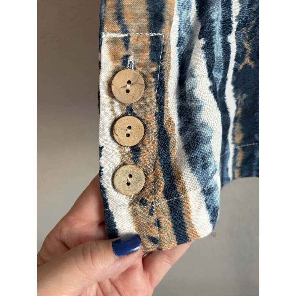 Ali Miles XL Blue Beige White Striped Linen-Blend Boxy Pullover Short Sleeve Top - Picture 3 of 9